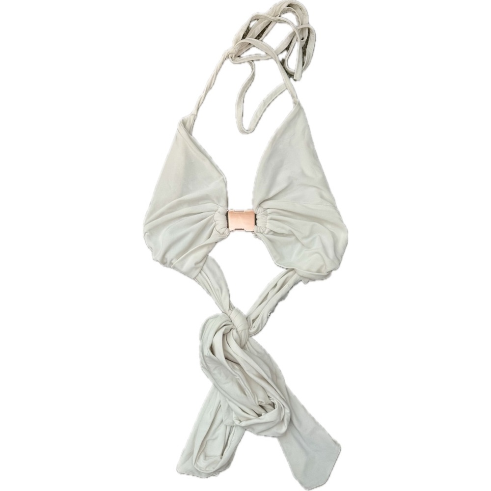 PrettyLittleThing White Halter Self Tie Crop Top with Front Buckle in Rose Gold